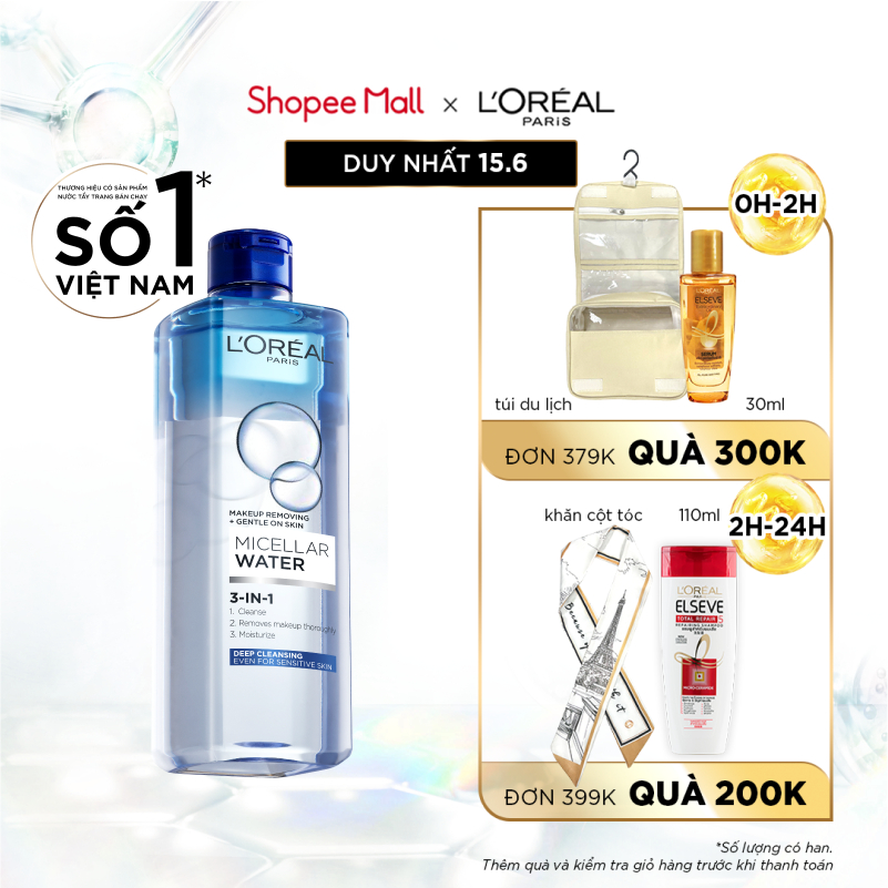 Nước tẩy trang và làm sạch sâu 3-in-1 L'Oreal Paris Micellar Water 400ml