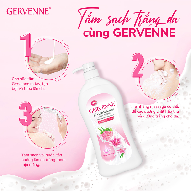 Sữa tắm trắng da Gervenne chai 900ml hương nước hoa (Tặng thêm túi sữa tắm 380g) mùi hương quyến rũ có 3 màu